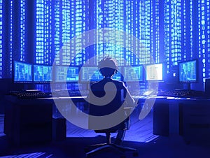 Person sits at a desk surrounded by computer screens