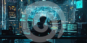 Man sits at desk with multiple monitors displaying complex code and data streams