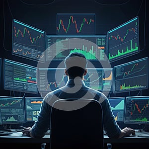 A person sits at a desk surrounded by multiple computer screens displaying complex