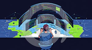 Programmer Working on Multiple Monitors with Global Data Map