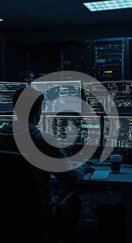 Person sits in front of multiple monitors displaying data in a dark room.