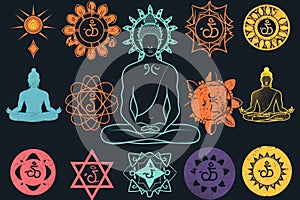 A person sits in a lotus position while surrounded by seven chakras, representing energy centers in the body, Illustration of