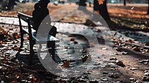 Lonely figure sitting on park bench with falling autumn leaves, solitude and sadness concept,