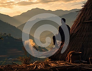 Persona se sienta sobre el de madera cubierta seguimiento el sol 