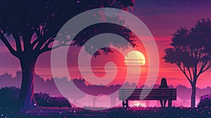 A person sitting on a bench in the park at sunset, AI