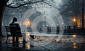 Person Sitting on Bench in Rain