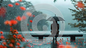 Person Sitting on Bench in Rain With Umbrella