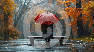 Person Sitting on Bench in Rain With Umbrella