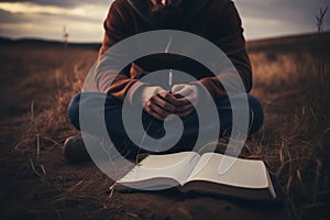 Person Sitting with Book and Pen