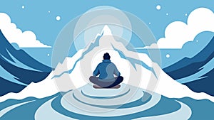 A person sitting crosslegged on a mountain peak enveloped in a swirling blizzard.. Vector illustration. photo