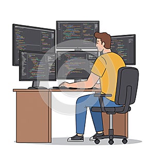 A person is sitting at a desk in front of multiple computer monitors displaying code,