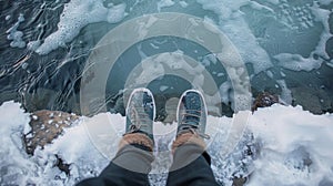 A person sitting on the edge of the cold plunge pool feet submerged in icy water gritting their teeth in determination. photo