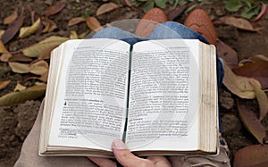 Person sitting on the ground reading a book(Bible)