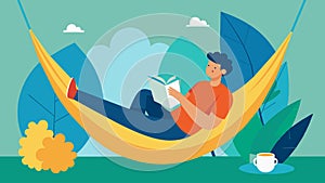 A person sitting in a hammock reading a book with a cup of tea next to them. The image encourages individuals to slow photo