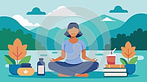 A person sitting by a lake meditating and surrounded by books journals and a water bottle. The image conveys the