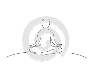 Person sitting in lotus pose yoga meditation, line art. Continuous black one line drawing. Silhouette woman in position
