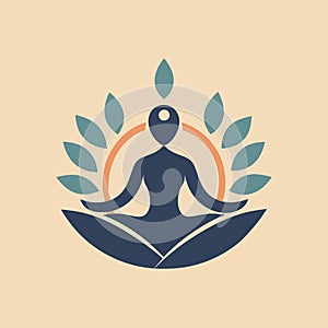 A person is sitting in a lotus position with green leaves surrounding them, Produce a minimalist logo for a yoga studio,