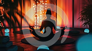 A person sitting in a lotus position on a yoga mat