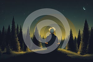 a person sitting in the middle of a forest at night, yoda meditation, generative ai