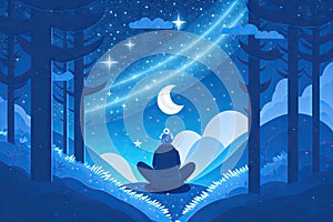 a person sitting in the middle of a forest at night, yoda meditation, generative ai