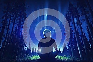 a person sitting in the middle of a forest at night, yoda meditation, generative ai