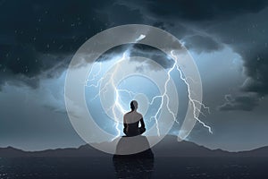 A person sitting in the middle of a rain cloud with lightning bolts representing the stress and anxieties Psychology photo