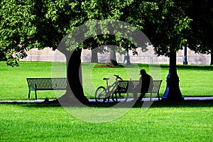 Man Sitting on Park Bench with Bike Silhouette Green Grass and Trees