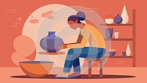 A person sitting at a pottery wheel with their eyes closed deep in thought while creating exemplifying the introspection photo