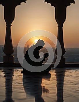 A Person is Sitting and Praying With a Sunset in the Background for Eid al-Fitr Background