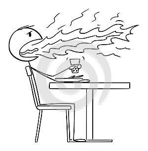 Person Sitting in Restaurant and Eating Very Hot Chilly Food, Fire Coming From Mouth, Vector Cartoon Stick Figure