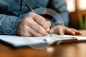 A person is sitting and writing on a piece of paper using a pen, A hand signing a business loan agreement, AI Generated
