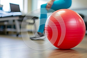 A person is sitting on a yoga ball on the floor, maintaining balance and engaging in seated exercise, Illustrate the use of a