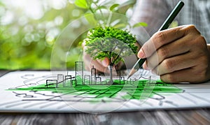 Person sketching a sustainable green city concept with eco friendly buildings and a tree on paper, representing urban