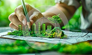 Person sketching a sustainable green city concept with eco friendly buildings and a tree on paper, representing urban