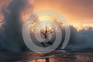 A person skillfully balances on a surfboard as they face a wave, showcasing their surfing prowess, A person in a yoga pose with