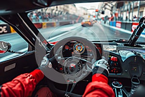 A person skillfully maneuvering a car on a high-speed race track, A point-of-view perspective from inside the sports car cockpit