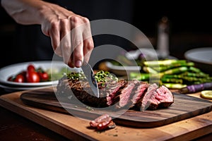 person slicing grilled seitan steak on a plate