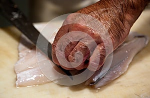 Person slicing raw fish