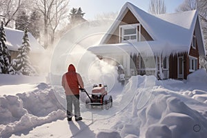 Person with snowblower at home in winter