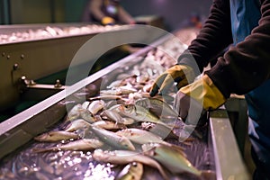 person sorting fish on a conveyor belt in hatchery