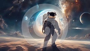 person in the space _An astronaut in outer space with a Earth behind him. The image shows a contrast between the dark