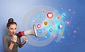 Person speaking in loudspeaker with social media concept