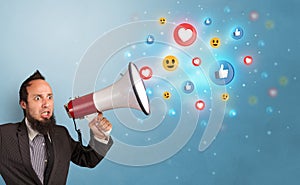 Person speaking in loudspeaker with social media concept