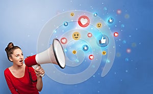 Person speaking in loudspeaker with social media concept