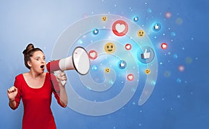 Person speaking in loudspeaker with social media concept