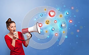 Person speaking in loudspeaker with social media concept