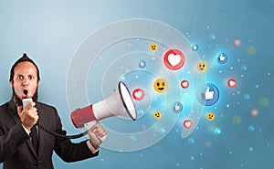 Person speaking in loudspeaker with social media concept