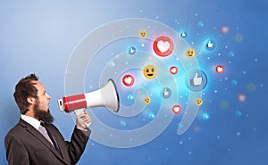 Person speaking in loudspeaker with social media concept