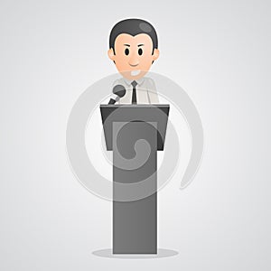 Person speaks into microphone podium