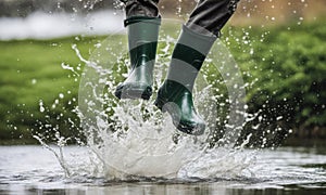 person splashing in a puddle with green welly boots on